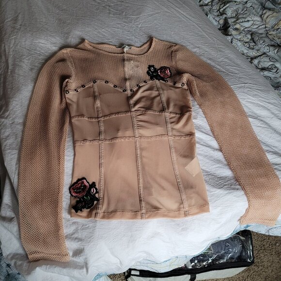 ANGELS NEVER DIE peach FISHNET long sleeve detailed top size 2 EU.  NEW - Picture 10 of 10